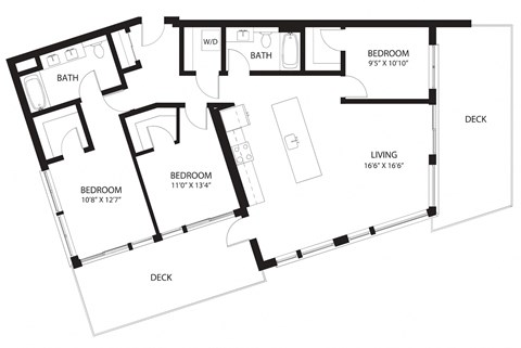 Floor plan for 3 beds, 2 baths, 1443 sqft